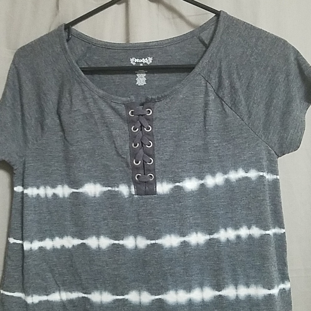 Gray tee with white stripes and tie up front